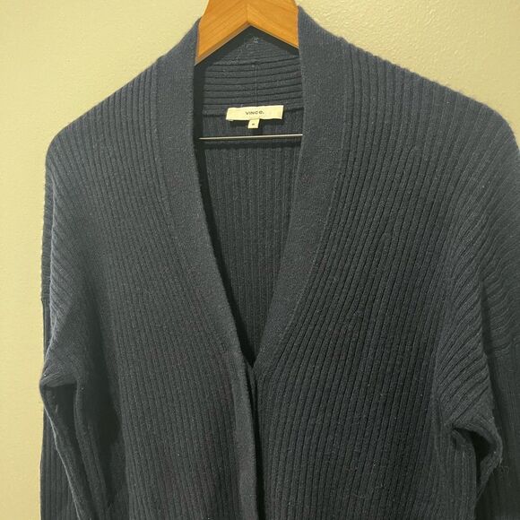 VINCE Navy Ribbed V Neck Wool Cashmere Blend Cardigan Sweater M - Picture 2 of 6